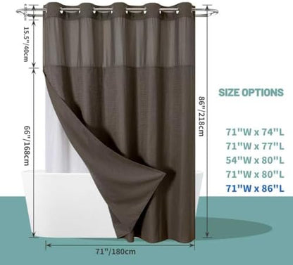 eachope No Hook Long Waffle Shower Curtain, Snap-in Liner, 71x86 in, Brown