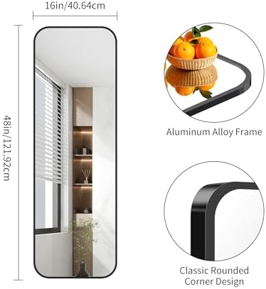 FORBATH Bathroom Mirror 48" x 16", Rectangle Black Bathroom Mirror with Black Aluminum Frame Rounded Corner, Wall Mounted Mirror for Bedroom Entryway Living Room