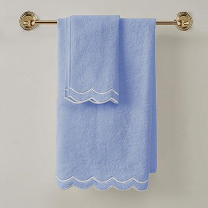 Peri Home 100% Cotton Hand Towel, 16" x 27", Blue with White Scallop, 1-Pc