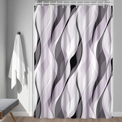 Lavender Striped Shower Curtain with Hooks for Bathroom 72x72 Inch