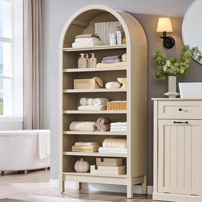 IFBUY 71" Tall Arched Bathroom Storage Cabinet, 7-Tier Modern Farmhouse Storage Cabinet with Adjustable Shelves, Wood Freestanding Cabinet for Bathroom, Living Room, Entryway, Hallway (Cream)