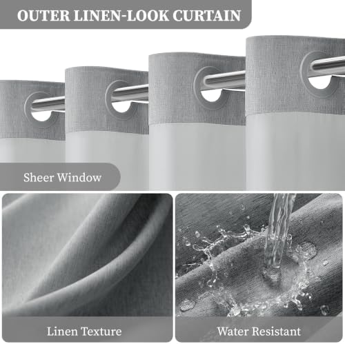 BTTN 72x87 Ringless Linen Textured Shower Curtain with Snap in Liner, Grey