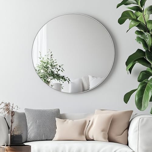 Oruii Small Round Mirror, 16 inch Silver Circle Mirror, Silver Metal Frame