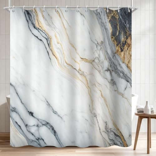 White Marble Shower Curtain Modern Abstract Luxury Gold Ink Texture Gray Ombre Watercolor Bathroom Curtain Set with Hooks Soft and Lightweight Waterproof Fabric Machine Washable 48" Wx72 L