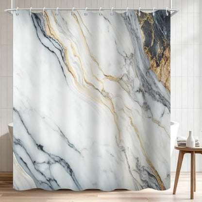 White Marble Shower Curtain Modern Abstract Luxury Gold Ink Texture Gray Ombre Watercolor Bathroom Curtain Set with Hooks Soft and Lightweight Waterproof Fabric Machine Washable 48" Wx72 L