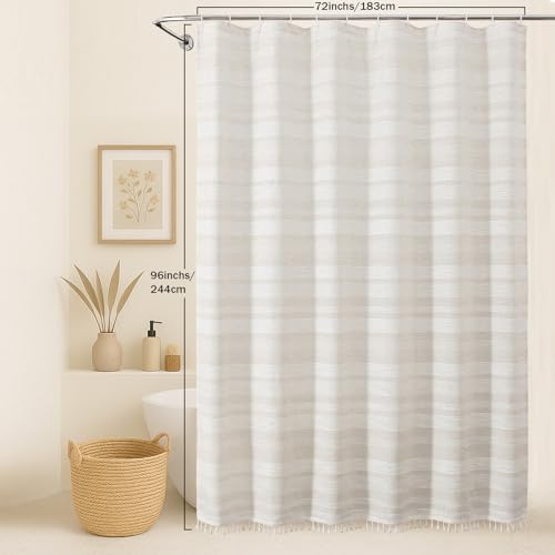 OVZME Extra Long Linen Shower Curtain 96 Inch Long, Boho Chic Textured Soft Fabric Heavy Duty Cloth Bathroom Shower Curtain with Tassel, Tall Farmhouse Luxury Bath Decor, 72Wx96L Inches
