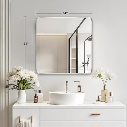 Silver Bathroom Vanity Mirror Over Sink 24x24, Wall Square Mirror, Chrome
