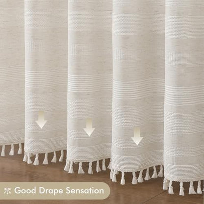 OVZME Linen Boho Stall Shower Curtain, Narrow Soft Fabric Striped Textured Bathroom Shower Curtain with Tassel, Modern Farmhouse Machine Washable Bath Decor, Linen, 36Wx72L Inches