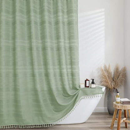 OVZME Extra Long Boho Shower Curtain 84 Inch Long, Modern Farmhouse Heavy Duty Linen Textured Soft Fabric, Rustic Country Cloth Shower Curtain with Tassel for Bathroom Hotel, 72Wx84L, Light Green