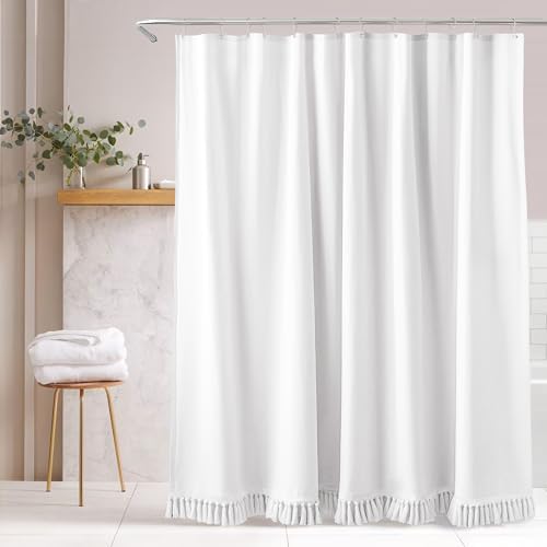 Linen Shower Curtain Boho White Shower Curtain with Tassels 72"W x 72"L