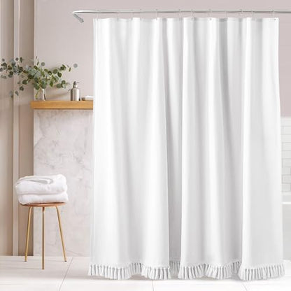 Linen Shower Curtain Boho White Shower Curtain with Tassels 72"W x 72"L