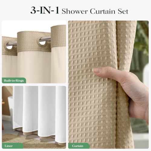 Dynamene Beige Hook Free Waffle Shower Curtain & Snap-in Fabric Liner,60x75