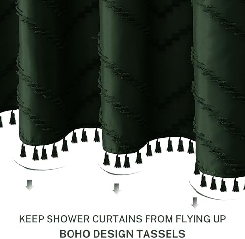Siiluminisoy Extra Long Dark Green Boho Shower Curtain with Tassel, Woven Fabric 96 in Shower Curtain, Tufted Chevron Striped, 72 x 96, Modern Chic Textured Minimalist Bathroom Shower