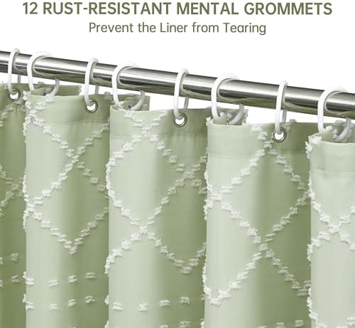 Extra Long Green Boho Shower Curtain - Woven Fabric Cute 84 Inch with Tassel, 72 x 84 Tufted Chevron Textured Striped Modern Farmhouse Minimalist for Bathroom
