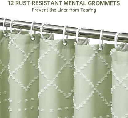 Extra Long Green Boho Shower Curtain - Woven Fabric Cute 84 Inch with Tassel, 72 x 84 Tufted Chevron Textured Striped Modern Farmhouse Minimalist for Bathroom
