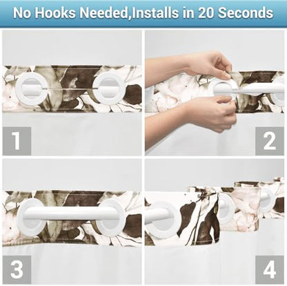 WITHLOC No Hook Floral Shower Curtain with Liner, Eucalyptus Taupe, 71x74