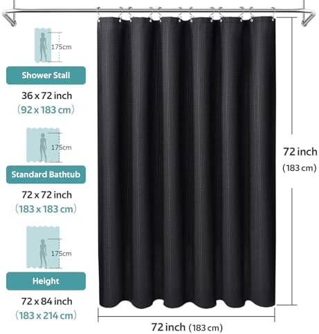 Vipfree 3 in 1 Shower Curtain Set, Waffle Shower Curtain and Liner Set with 12 Double Sided Shower Curtain Hooks, 258GSM Luxury Weighted Cloth Shower Curtains for Bathroom, 72 W x 72 H, Black