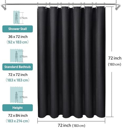 Vipfree 3 in 1 Shower Curtain Set, Waffle Shower Curtain and Liner Set with 12 Double Sided Shower Curtain Hooks, 258GSM Luxury Weighted Cloth Shower Curtains for Bathroom, 72 W x 72 H, Black