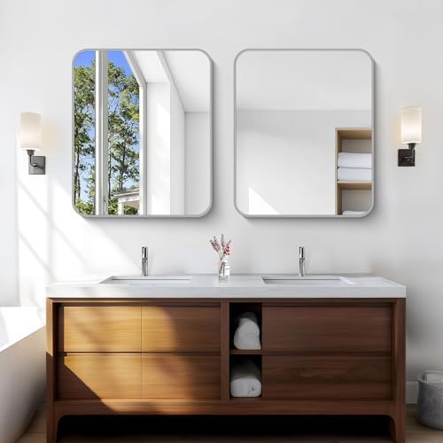 Silver Bathroom Mirror, 30 x 36 Inch Metal Framed Silver Rectangle Mirror, Rounded Corner Rectangular Vanity Mirror, Wall Mounted Mirror for Living Room Bedroom Entryway Horizontal/Vertical