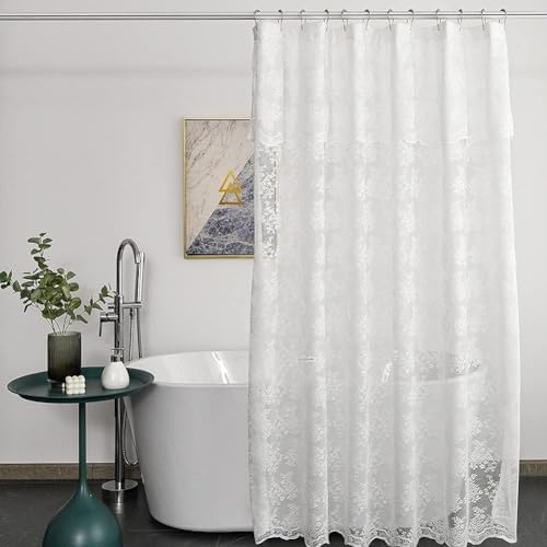 White Lace Stall Shower Curtain 36x72, Vintage with Attached Valance