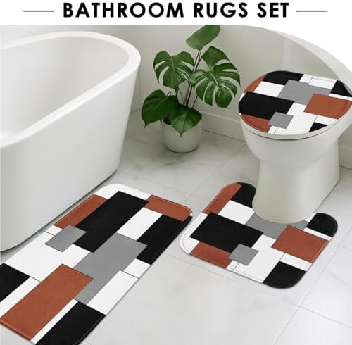 Bathroom Sets with Shower Curtain and Rugs, 4 Pcs, Geometric Modern