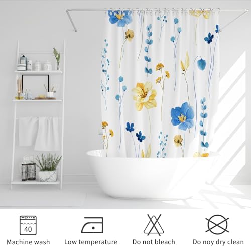 Gibelle Blue Yellow Watercolor Floral Fabric Shower Curtain, 72x72
