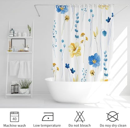 Gibelle Blue Yellow Watercolor Floral Fabric Shower Curtain, 36x72