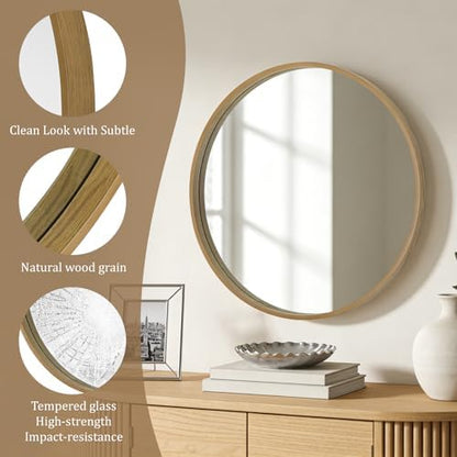 WallBeyond Round Mirror with Wood Frame, 28" Circle Modern Decoration Large Home Decor Mirror for Bathroom Living Room Bedroom Entryway (28" Diameter, Natural Wood)