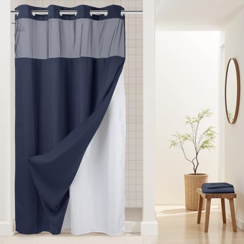 River Dream Heavyweight Waffle No Hook Shower Curtain with Liner,Navy,54x80