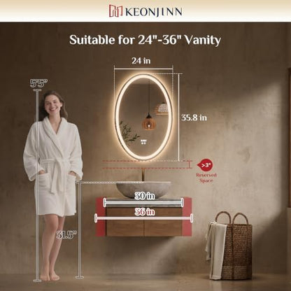 Keonjinn 24" x 36" Oval LED Bathroom Mirror with Frontlit and Backlit