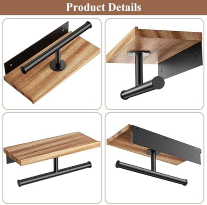 Tindbea Double Toilet Paper Holder with Wood Shelf, Wooden Wall Mount Toilet Paper Roll Holder, Matte Black Stainless Steel Bathroom Toilet Tissue Holder (Sapele, Matte Black)