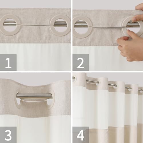 Eachope No Hooks Polyester Textured Shower Curtain with Snap-in Fabric Liner Set, Hotel Luxury Decor Shower Curtains for Bathroom with See Through Top Window, Waterproof & Washable, 71Wx74H, Cream