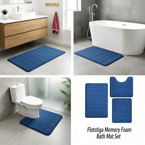 Memory Foam Bath Mat Set 3 Piece，Super Soft Absorbent Bathroom Rug Non Slip, Quick Dry,Machine Wash, Perfect Plush Bathroom Rugs,Home Decor Accessories,Deep Blue