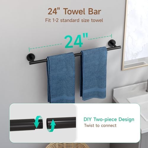 USHOWER 8PCS Matte Black Bathroom Hardware Set, 24-Inch Towel Bar Set