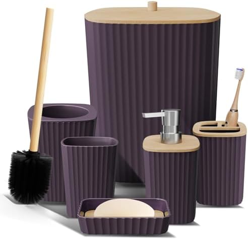 Clara Clark Bathroom Set - Purple Bathroom Accessories Set, 6PC Bathroom Accessory Set, Bathroom Sets with Toilet Brush, Trash Can & Soap Dispenser
