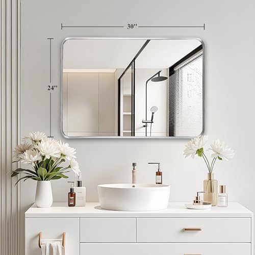 Silver Bathroom Vanity Mirror Over Sink 24x30, Wall Mounted Chrome Mirror