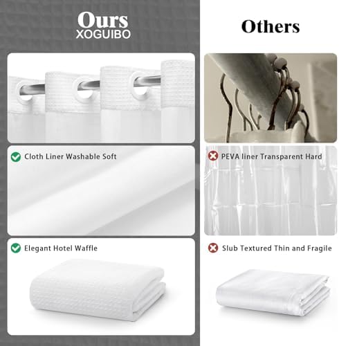 No Hook Shower Curtain with Liner Set Hotel Waffle Curtain White 72W X 75L