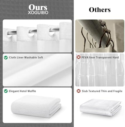 No Hook Shower Curtain with Liner Set Hotel Waffle Curtain White 72W X 75L