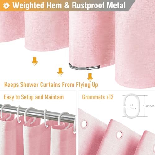BTTN 72x78 Linen Textured Waterproof Thick Fabric Shower Curtain Set, Pink