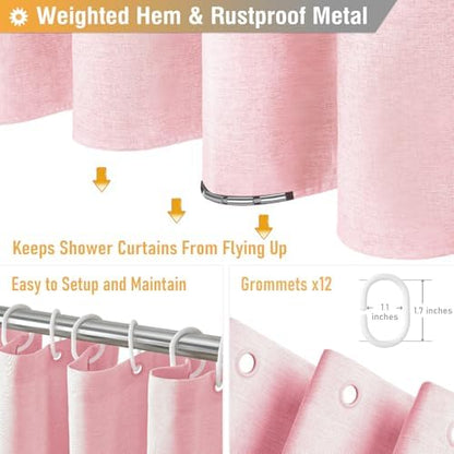 BTTN Long Linen Textured Waterproof Thick Shower Curtain Set, 72x84, Pink