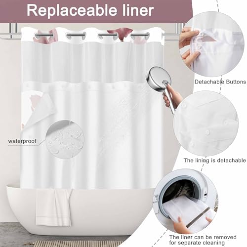 No Hook Shower Curtain and Liner Set, Red Boho Floral 71x84