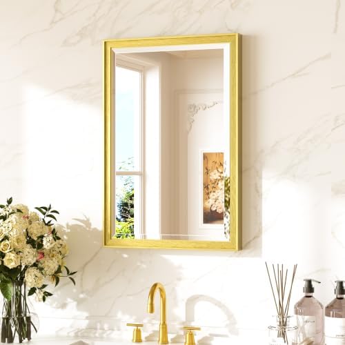 Keonjinn 16" x 24" Brushed Gold Framed Mirror for Bathroom, Tempered Glass