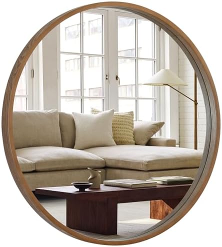 WallBeyond Round Wood Mirror, 32" Round Modern Decoration Large Circle Wall Mirror for Bathroom Living Room Bedroom Entryway, Walnut