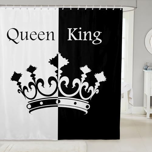 Crown Queen And King Curtains,His And Hers Matching Couple Bathroom Waterproof Accessories with 12 Hooks for Girls Boys Teens, Romantic Valentine'S Day Black And Red Fabric Shower Curtain,72x72 Inches
