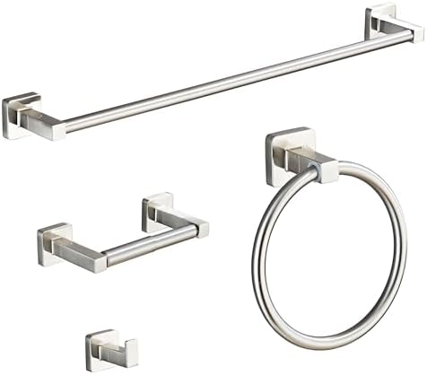 Brushed Nickel Bathroom Hardware Set 4 Pieces,Bathroom Accessories Set Stainless Steel Wall Mounted, Hand Towel Bar, Towel Ring, Robe Towel Hooks,Toilet Paper Holder,Towel Bar Set, 23.6 Inch