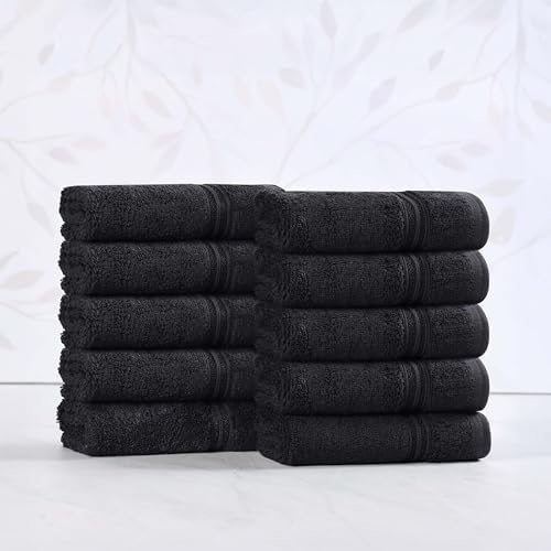 Superior Egyptian Cotton 10-Piece Face Towel Set , Small Towels For Facial, Spa, Quick Dry, Absorbent Towels, Bathroom Accessories, Guest Bath, Home Essentials, Washcloth, Airbnb, Black