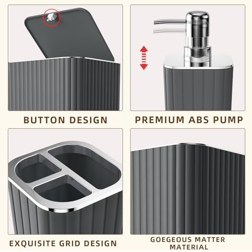 XLHOMO Bathroom Accessories Set- 25PC Grey Bathroom Set, Bathroom Set with Shower Curtain and Rugs, Shower Curtain Set, Toilet Brush, Trash Can, Qtip Holder Dispenser & Soap Dispenser