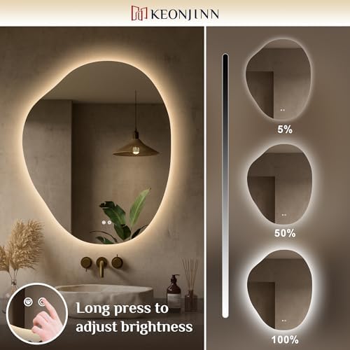 Keonjinn Asymmetrical LED Bathroom Mirror 30 x 36 Inch, HD Tempered Glass