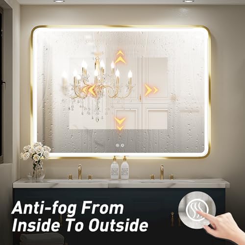 48X36 Inch LED Gold Frame Bathroom Mirror,3 Color