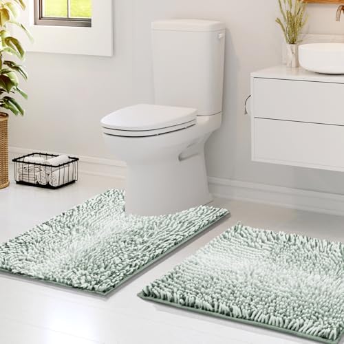 Hearth & Harbor Bathroom Rugs, Chenille Bath Mat - Machine Washable Bath Mats for Bathroom Non-Slip Backing Rubber, Quick Dry Bathroom Mat, 17 x 24 + 20 x 24 - Ombre Green